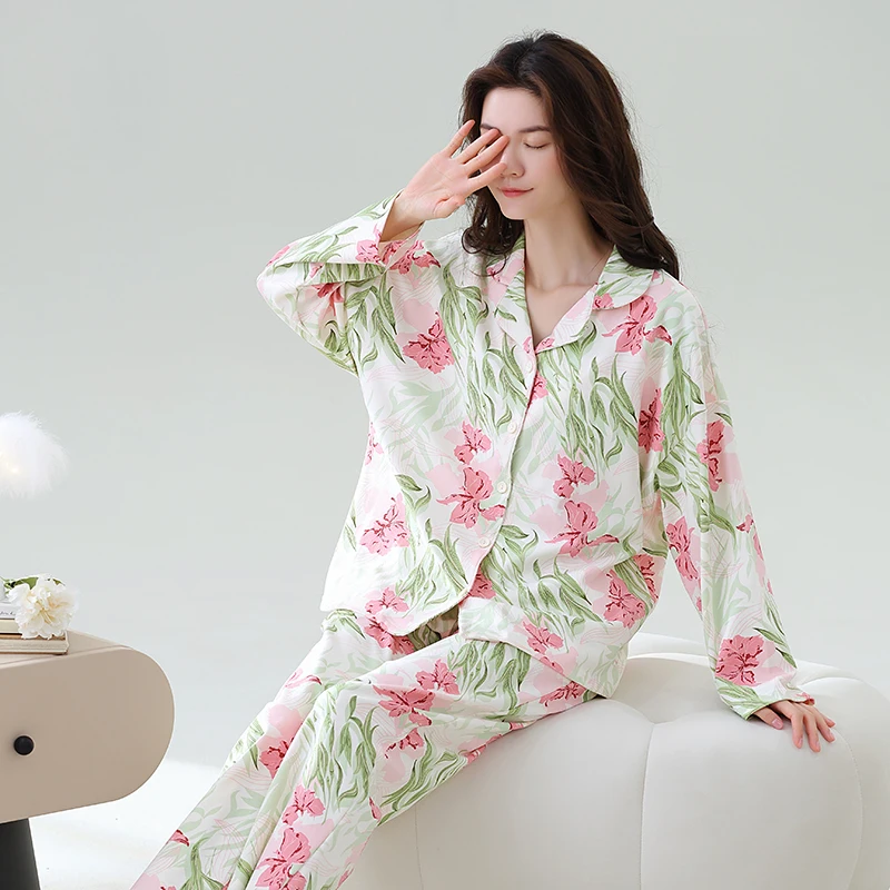 Cotton Women's Long Sleeve Cardigan Pajama Set For Ladies Autumn Homewear Floral Sweet Nightwear Female Young Girl Pjs Pyjamas