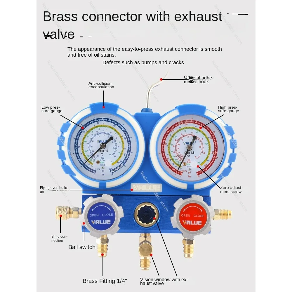 VMG-2-R410A-B Air Conditioning Double Meter Set Fluorometer Set Refrigerant Coolants Pressure Gauge Precise Anti-Collision