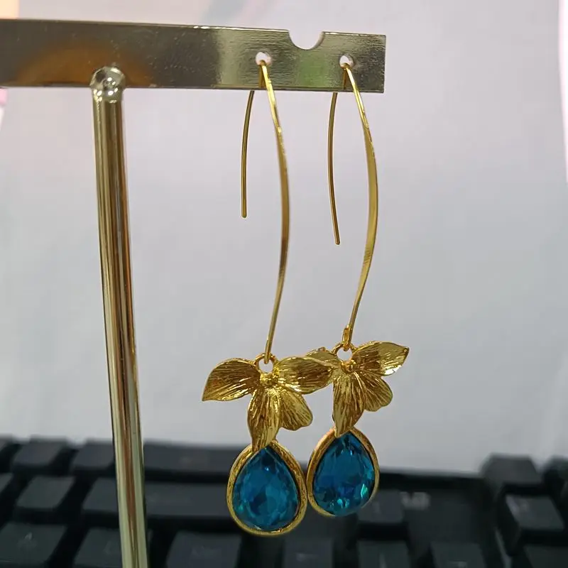 Fashion Yellow Gold Color Flower Water Drop Earring Shiny Blue Earrings for Women Engagement Wedding Anniversary Gift