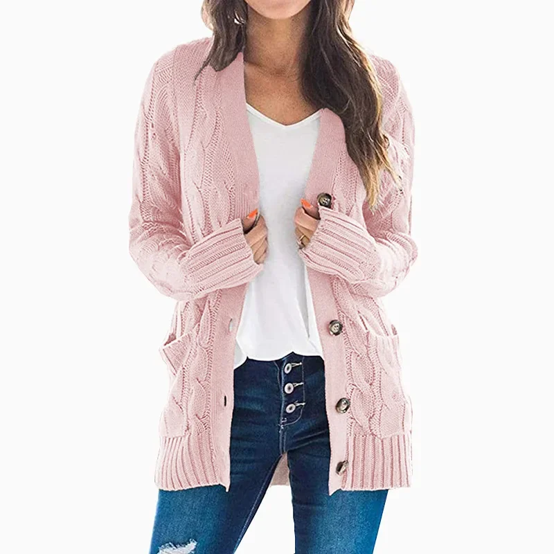 Cardigan torsadé à simple boutonnage pour femmes, manteau pull, col en V, manches longues, monochromatique, décontracté, automne, hiver, 2023