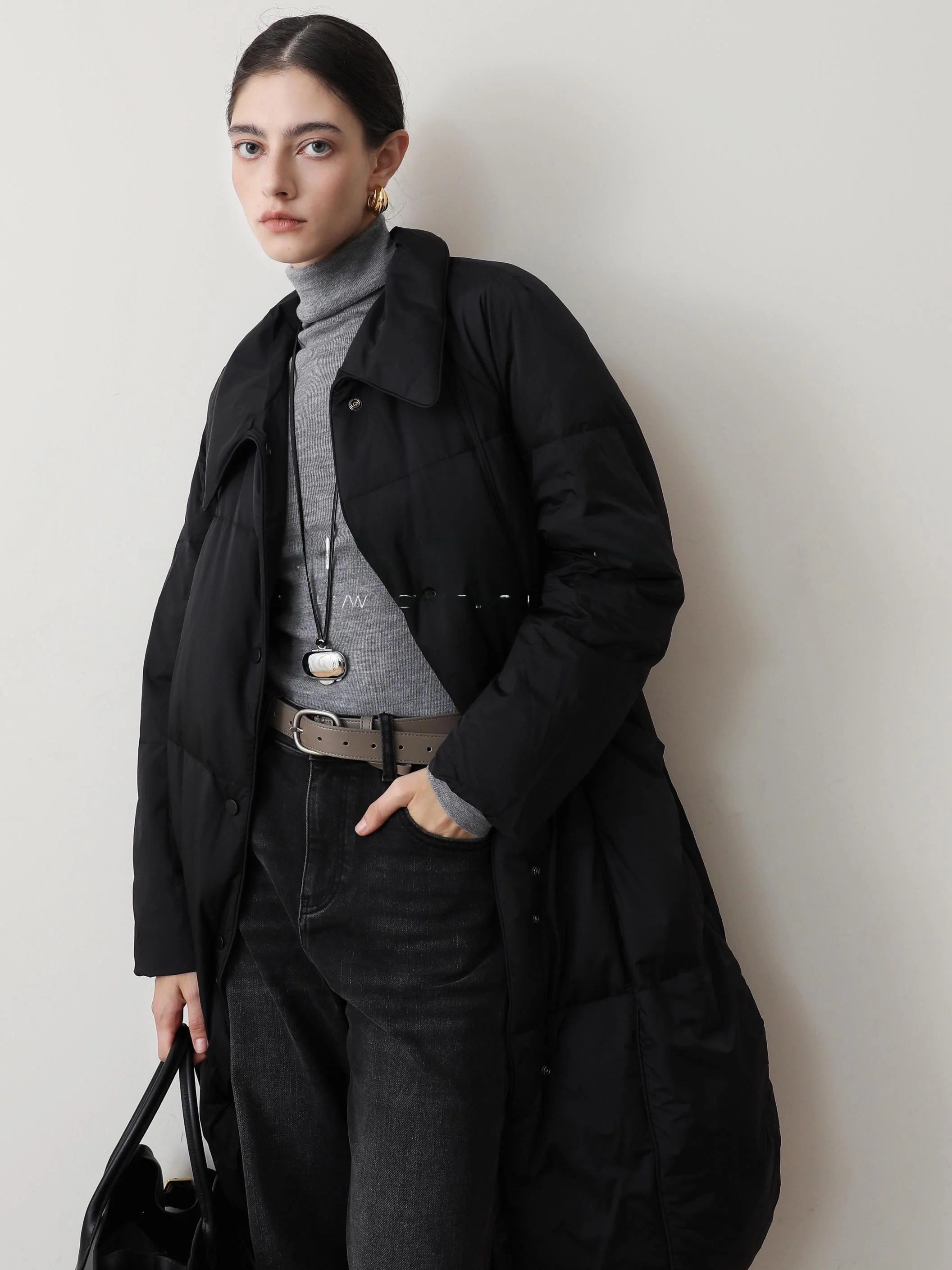 

3HLADY mat Bla Classic MIU Series arp Collar Mid-Length Goose down Jaet Women's Faion Winter Coat