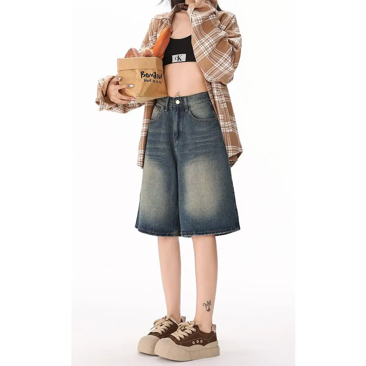 Shorts Jeans Retrô Feminino Verão 2026 Novo Modelo Reto Solto Casual com Efeito Emagrecedor Perna Larga Calça Capri Cintura M...