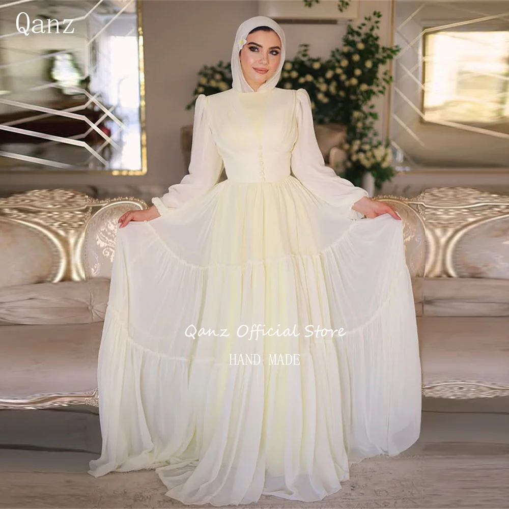 

Qanz Muslim Women Evening Dresses Chiffon Vestidos Para Mujer Elegantes Y Formales Long Puff Sleeves Robes De Soirée Customized