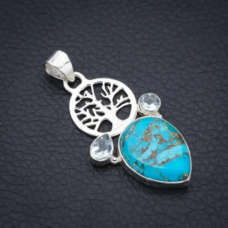 StarGems® Natural Copper Turquoise Blue Topaz TreeHandmade 925 Sterling Silver Pendant 2