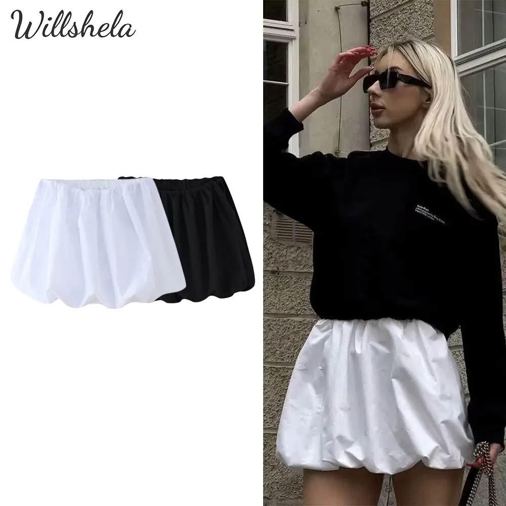 Willshela Women Fashion Solid Mini Balloon Skirt High Elastic Waist Female Chic Lady Casual Y2K Short Skirt