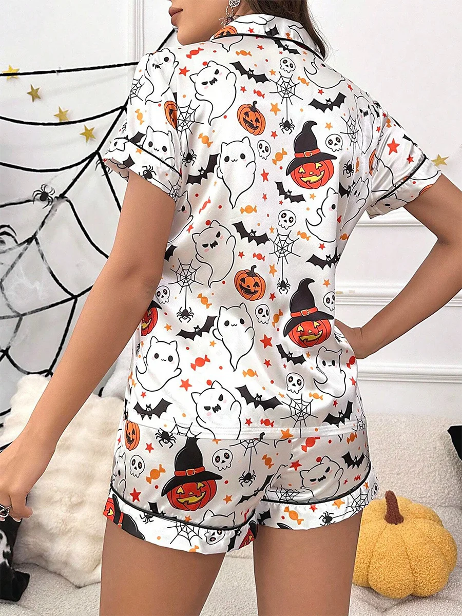 Halloween Two Piece Pajama Set Women Ghost Pumpkin Graphic Short Pajamas Set Short Sleeve Button Top Comfy Shorts Sleepwear