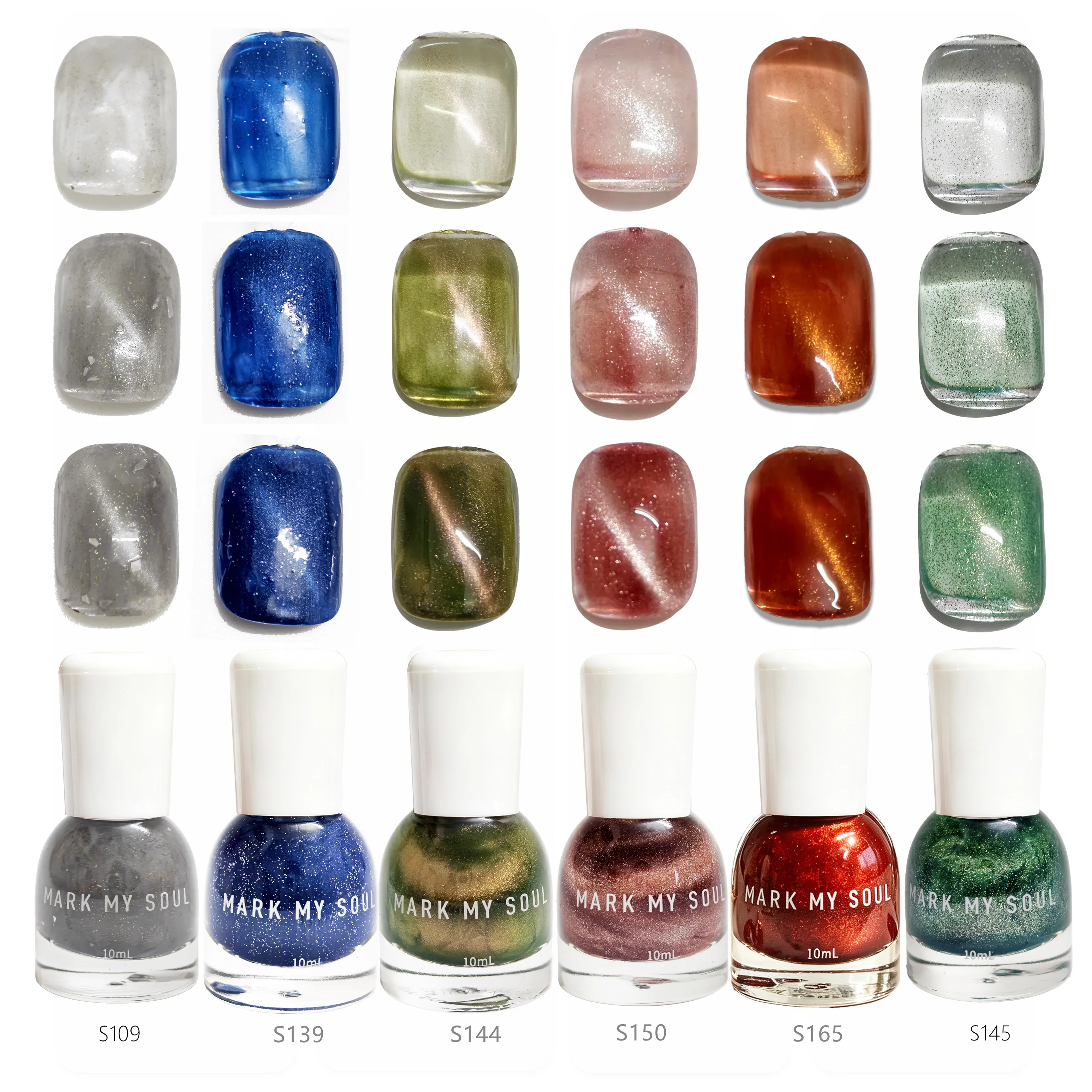 6Pcs Sapphire  Blue Reddish  Brown Retro Magnetic Cat Eye Nail Polish Kit, MARK MY SOUL No  lamp Nail Polish S109/S139/S144/S150