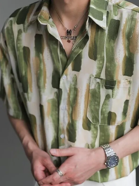 

Summer Thin Men's Shirt Cool Sensation Short Sleeve Design Casual Style Half Sleeve Floral Pattern Polyester Fiber Easy Care