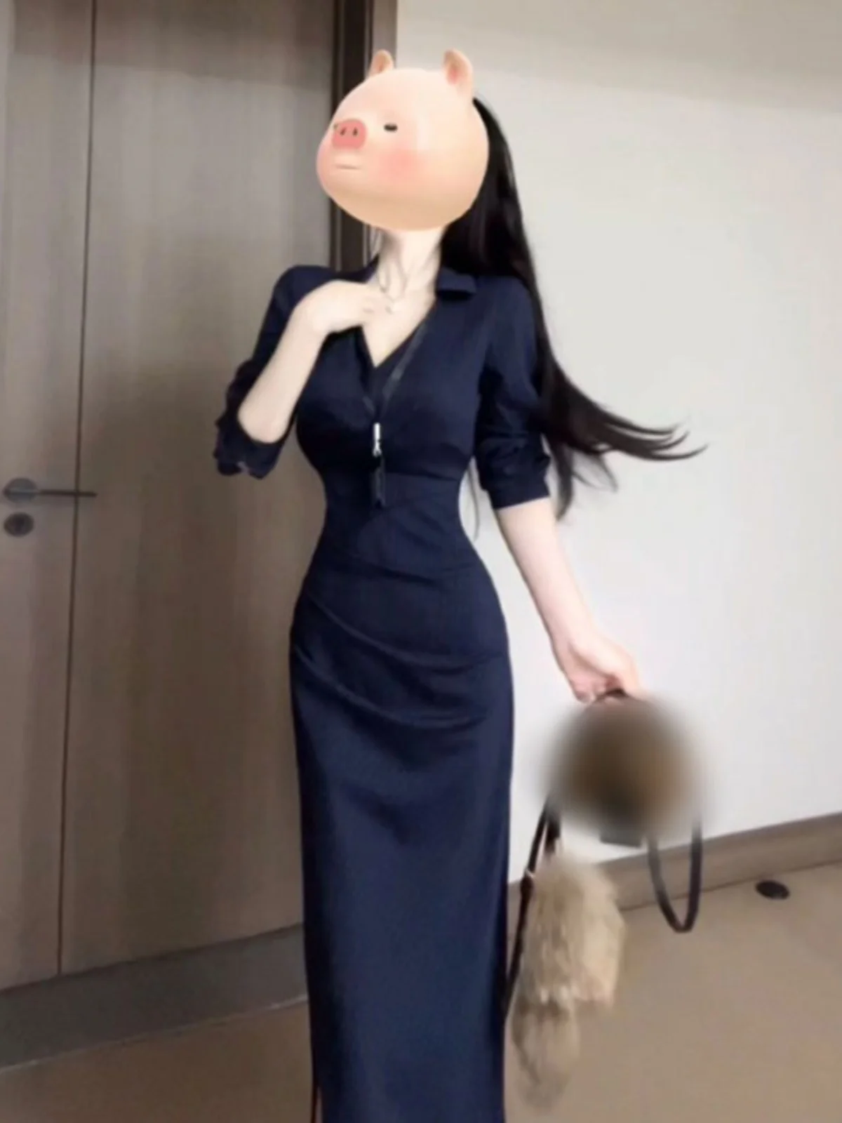 

Elegant Shirt Style Long Skirt V-Neck High Waist Slim Fit Dress Cotton Spring Fashionable Upper Class Lady's Dress