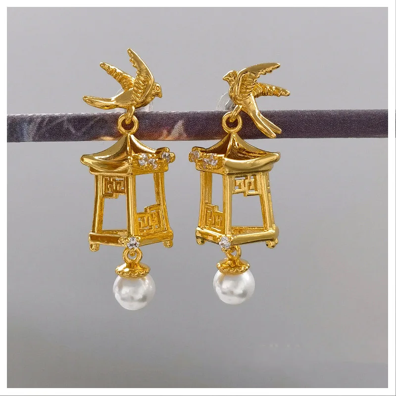 

Cage bird design stud earrings premium pearl classic ear accessory for women