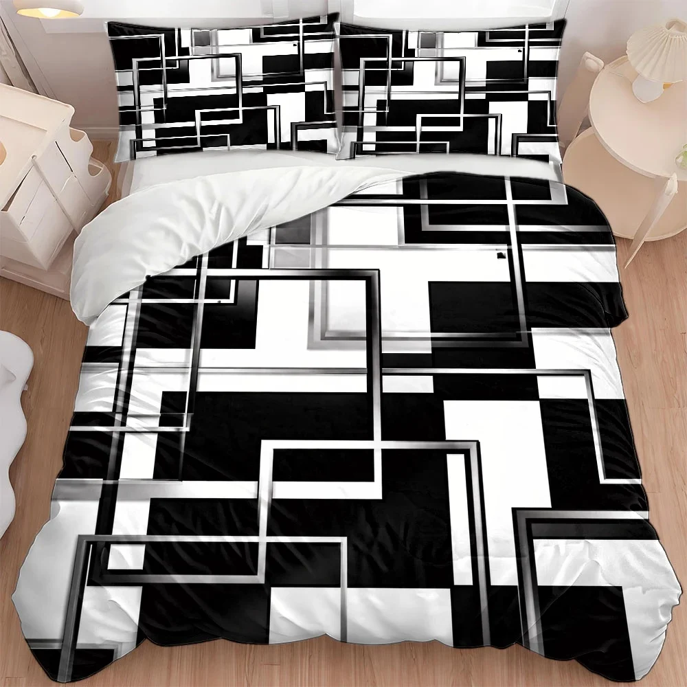 3Pc Modern Geometric Black and White Square Duvet Cover Set, Three-Piece Bedding Set (1*Duvet Cover + 2*Pillowcases), Suitable for All Seasons, Machine Washable, Hidden Zipper Design, Large Double Bed Cover Set, Suitable for Home, Dormitory, Master Bedroom, Guest Room, Minimalist Artistic Style Bedding Set, Modern Black and White Checkered Duvet Cover Three-Piece Set, Easy Care Skin-Friendly Bedding Set, Fashionable Black and White Plaid Duvet Cover Three-Piece Set, Easy Care Skin-Friendly Bedding Set, 2D Flat Print