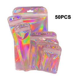 50pc Translucent Holographic Flash Rainbow Ziplock Bag Laser Thicken Plastic Seal Bags for Jewelry Display Handicrafts Packaging