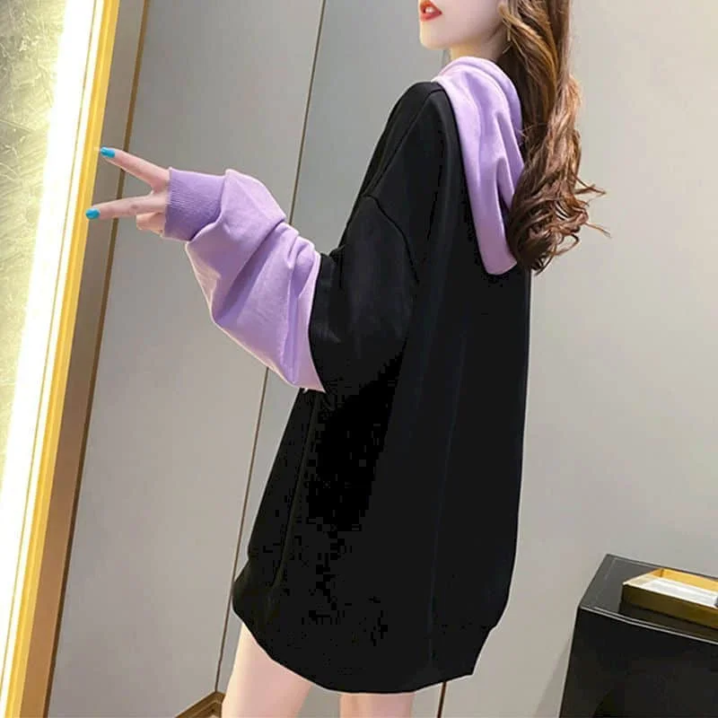 Women Hooded 2024 Autumn New Mid-length Student All-match Hoodies Korean Style of Loose Fake Two-piece Sweatshirt Trend Pullover