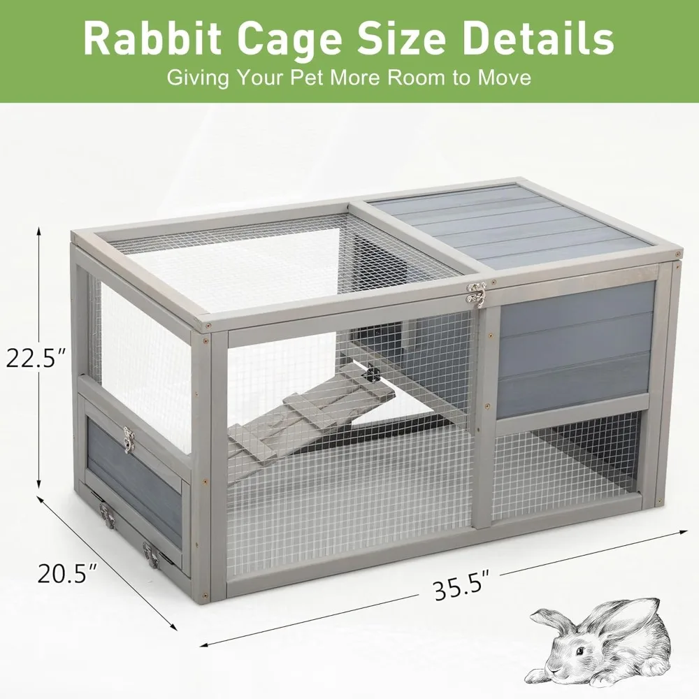 Fashionable Wood 36In Rabbit Hutch Indoor on Wheels Bunny Cage Outdoor Rabbit Cage with Clean Tray, Openable Roof, Anti-Slip Ra
