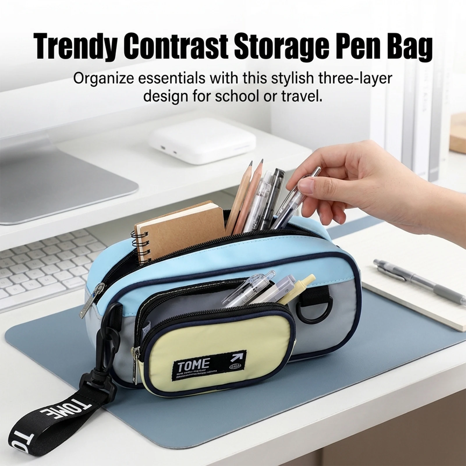 Pencil Case For Boys Large Capacity Oxford Cloth Pen Holder With Contrast Color Design Suitable For Junior High-School Students