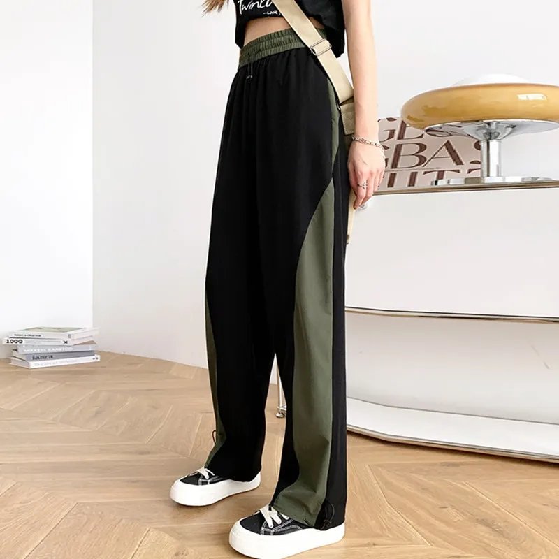 Summer Women's Quick Dry Sweatpants High Waist Skinny Drawstring Drawstring Splicing Ice Silk Straight Work Wide Leg Pants