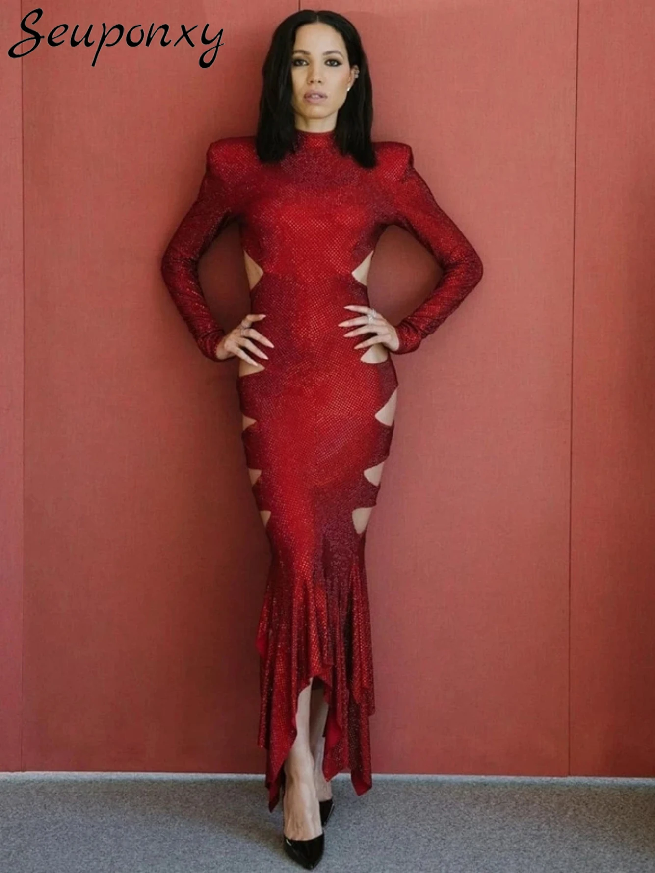 

High Quality Women'S Sexy O-Neck Long Sleeved Sequin Backless Pleated Maxi Red Dress Elegant Party Evening Club Dress Vestidos