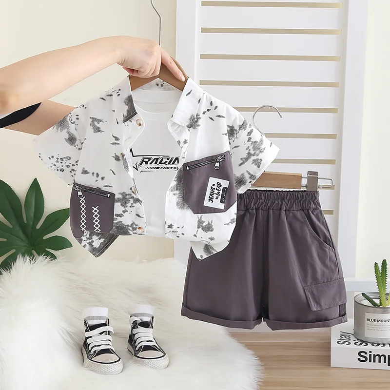Kids Streetwear Outfits Toddler Boys Print Short Sleeve Shirt + T-Shirt + Cargo Shorts 3 Piece Set New Baby Boy Summer Clothing