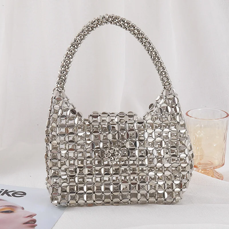 

Retro Hand-weave Beading Handbags For Women Fashion Hollow Silver Sequin Square Handle Hanbags Daily Party Shopping Shouldre Bag