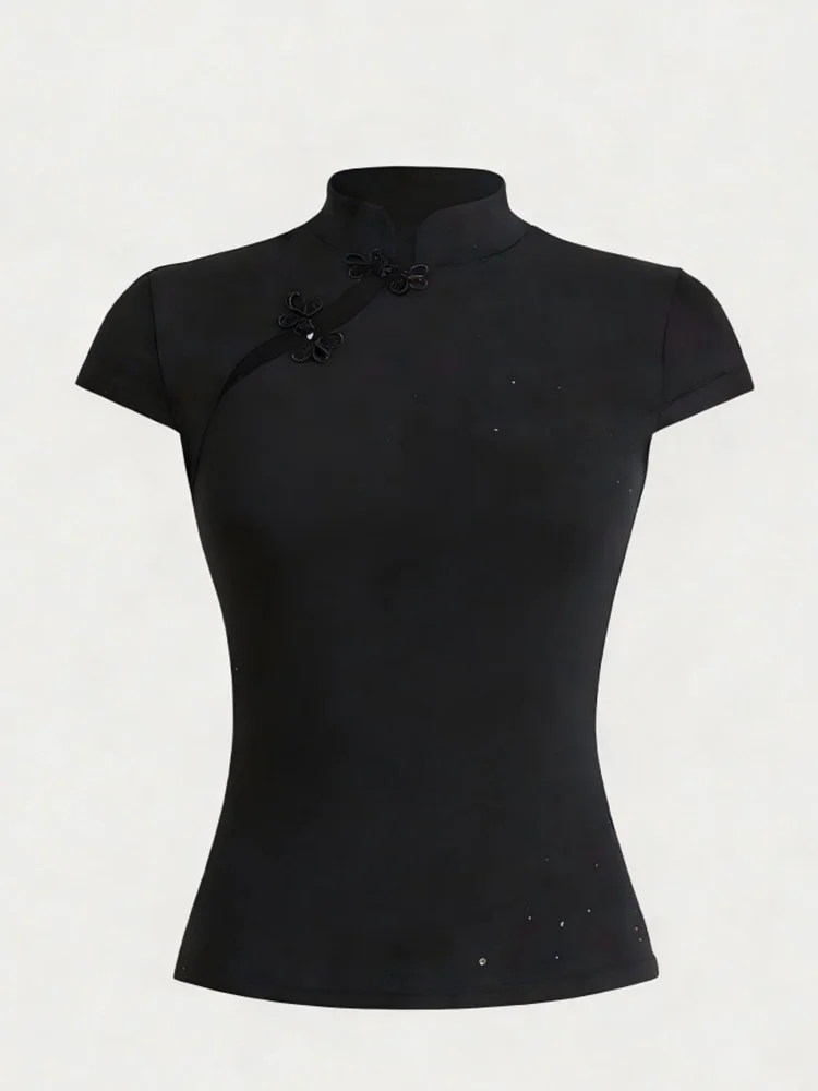 Mandarin Collar Blouse with Knotted Buttons (Qipao-Style Top), Women's Short-Sleeve T-Shirt