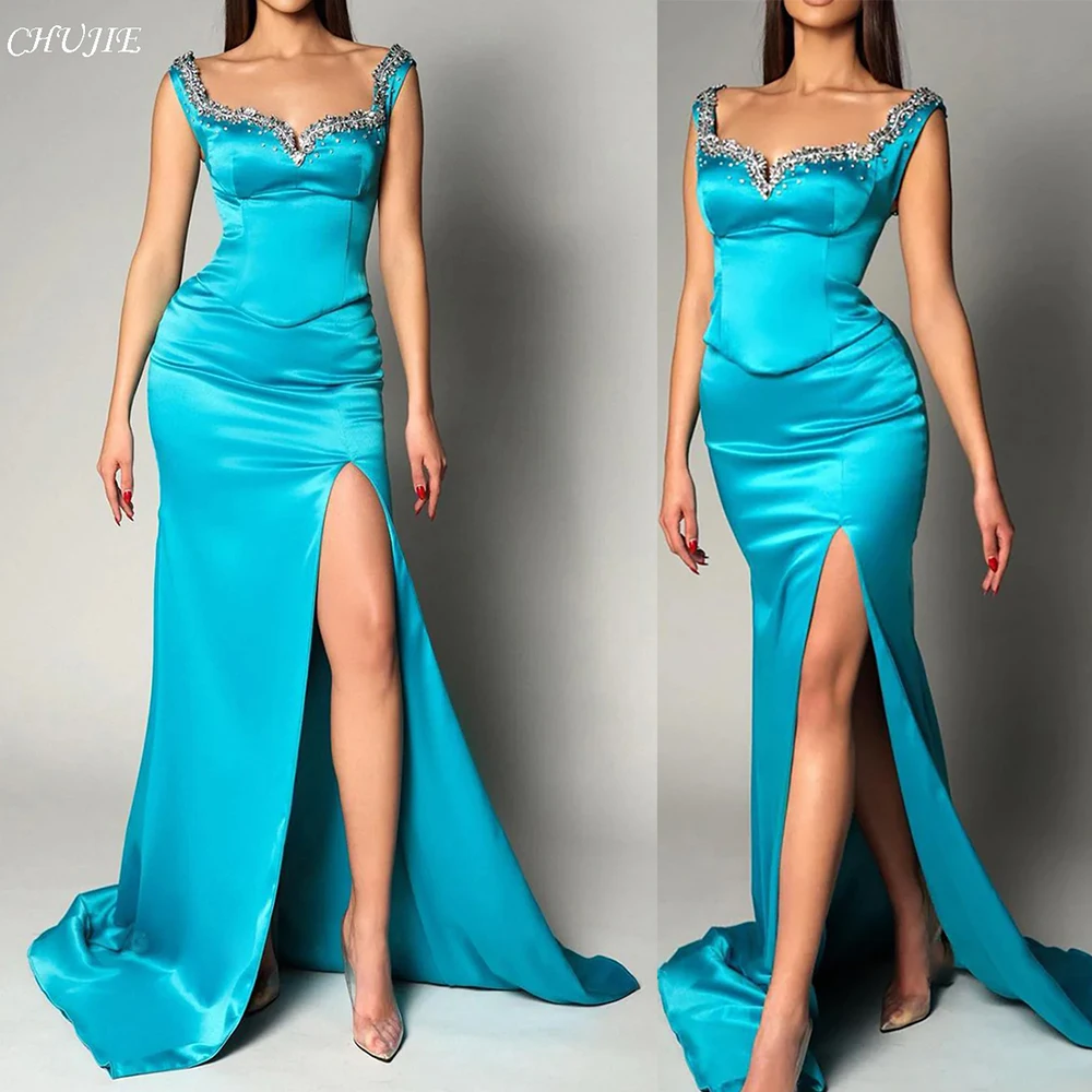 

Женское вечернее платье с бусинами, бальное платье в форме сердца, атласное блестящее плиссированное платье с высоким разрезом на шнуровке сзади, вечернее платье Vestidos de Noche