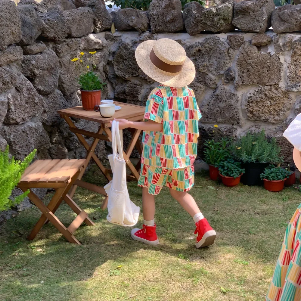 Summer Boy Clothes Set Girl dress Korean Style Contrast Stripe Shorts Set Sleeveless Skirt family matching outfits Sibling look
