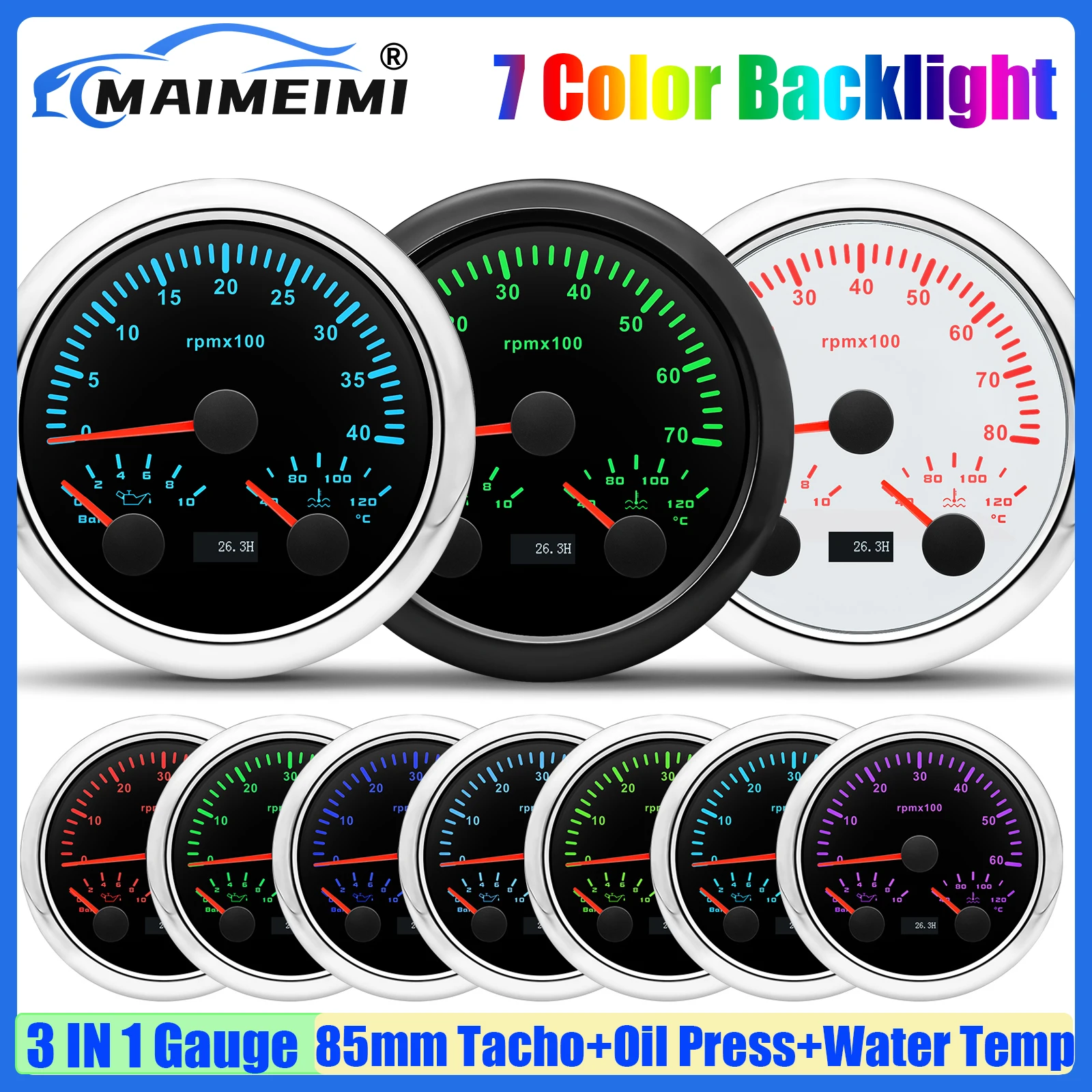 

Multifunctional 3 IN 1 85mm Gauge 7 Color LED Tachometer+Oil Pressure Meter+Water Temp Gauge for Gasoline Diesel Car Boat Yacht