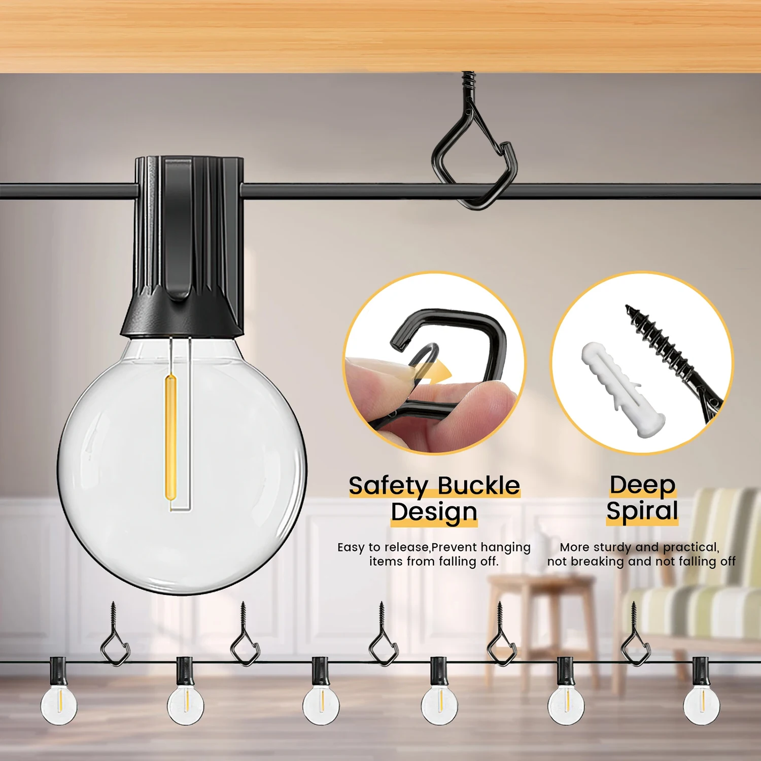 برغي خطاف أمان بإبزيم مربع متعدد الألوان مع مشبك أمان مضاد للسقوط يستخدم لأضواء سلسلة معلقة في الهواء الطلق من بونساي