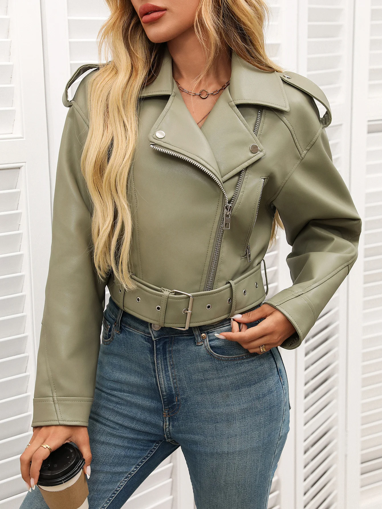 Fitaylor Women Faux Leather Jacket Lady Lapel Motorcycle Leather Outwear Casual Light Green Coat