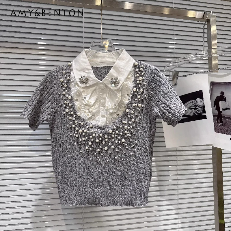 

Women's Fashion Top 2026 New Heavy Industry Pearl Bead Shirt Collar Splicing Fake Two-piece Knitted Short-sleeved T-shirt Ladies