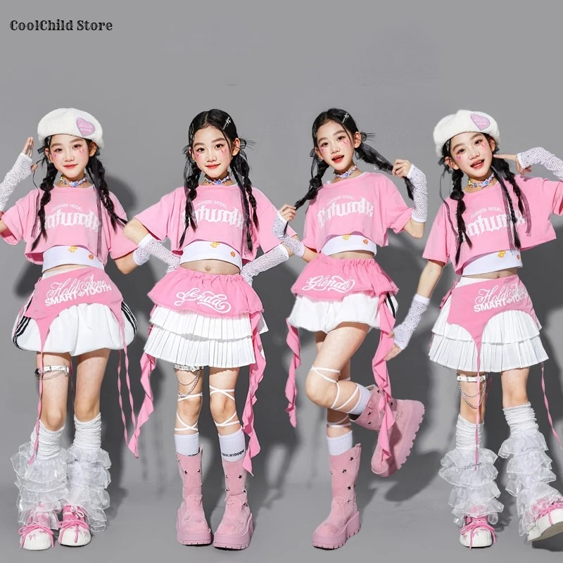 Hip Hop Girls Pink Crop Top Street Dance Layered Skirt Kids K-pop Streetwear Children Jazz Costume Sweet Girl Group Clothes Sets