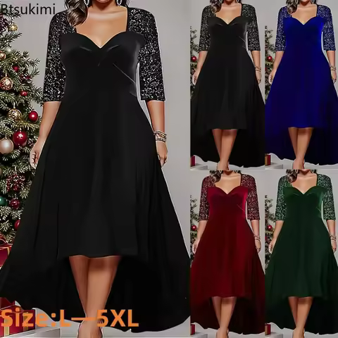 New 2026 Women's Elegant A-Line Dress Luxury Evening Dresses Large Size Lady Long Sleeve Sequins Party Dress Vestidos Para Mujer