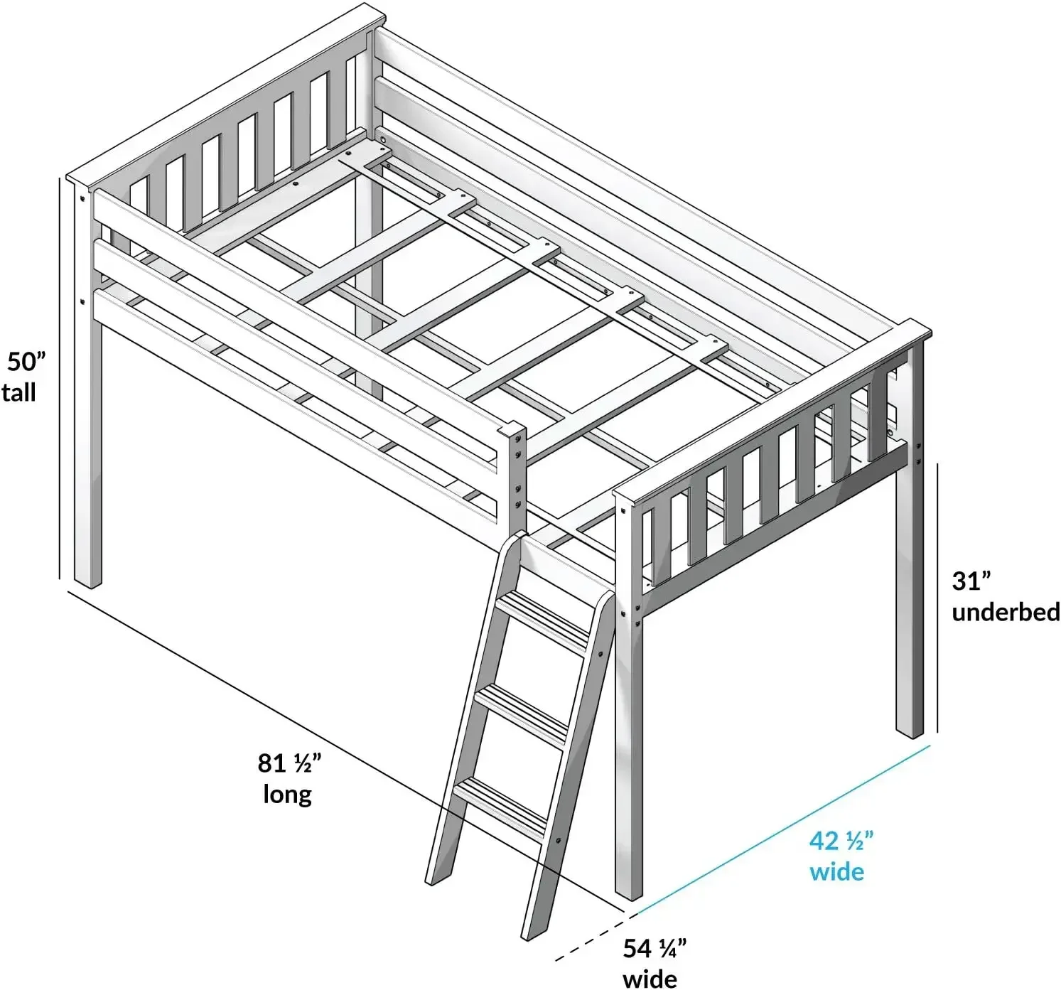 Max & Lily Low Loft Bed, Twin Bed Frame For Kids, White