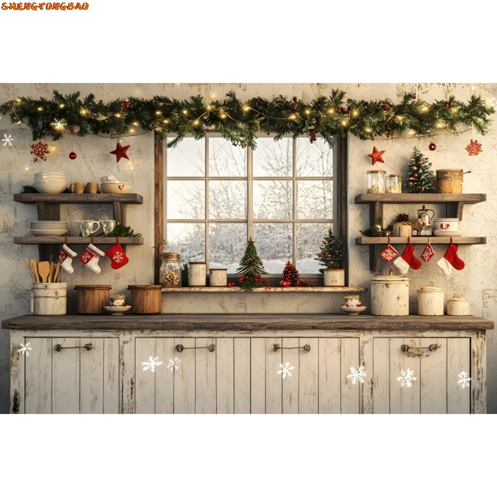 คริสต์มาสห้องครัวการถ่ายภาพฉากหลังฤดูหนาว Vintage ตู้หน้าต่างคริสต์มาสเด็กครอบครัวภาพพื้นหลังตกแต่ง Photo Studio