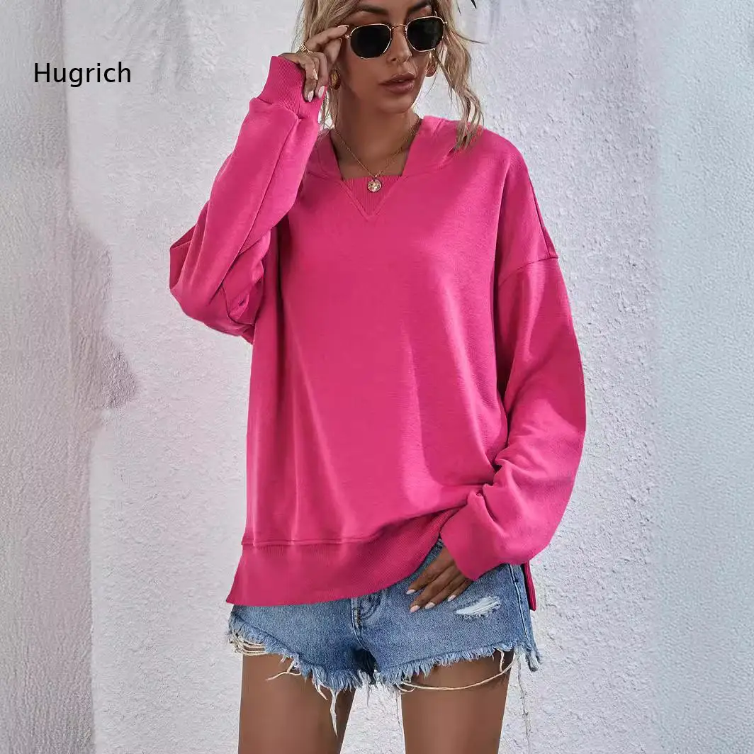 Stylish Hot Pink Oversized Sweatshirt for Women Featuring V Neckline and Ribbed Cuffs Breathable Material Layering Essential