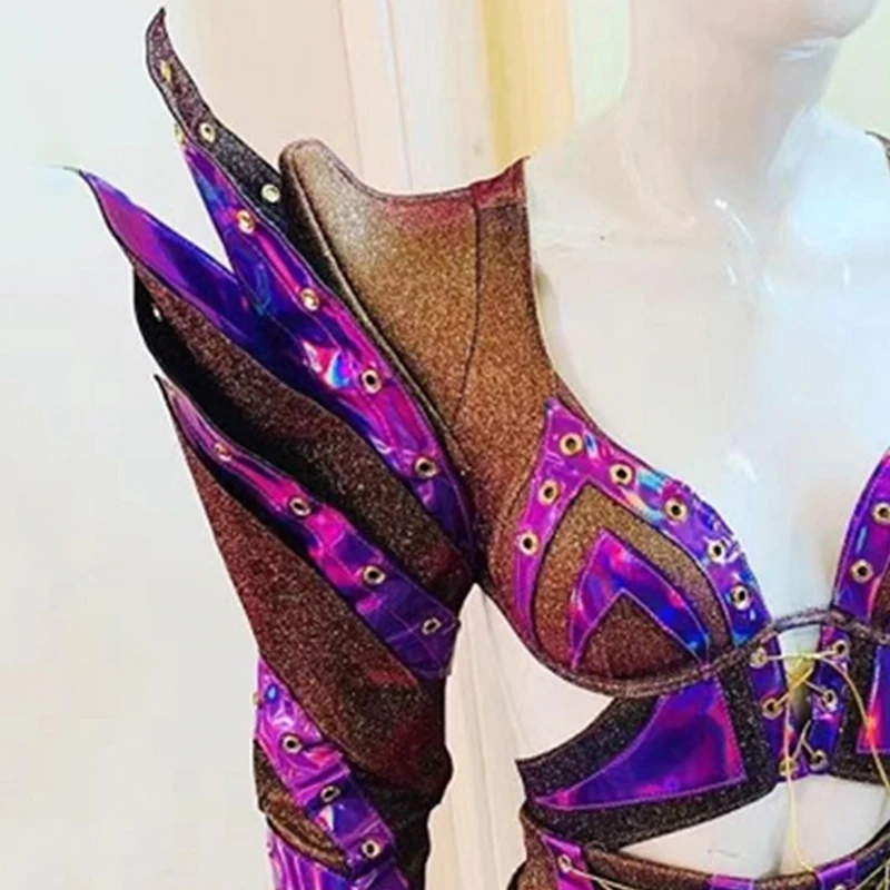 Exaggerated Stage Costume Flying Shoulder Hollow Out Bodysuit Drag Queen Costume Purple Laser Rave Gogo Dance Clothes VDB5964