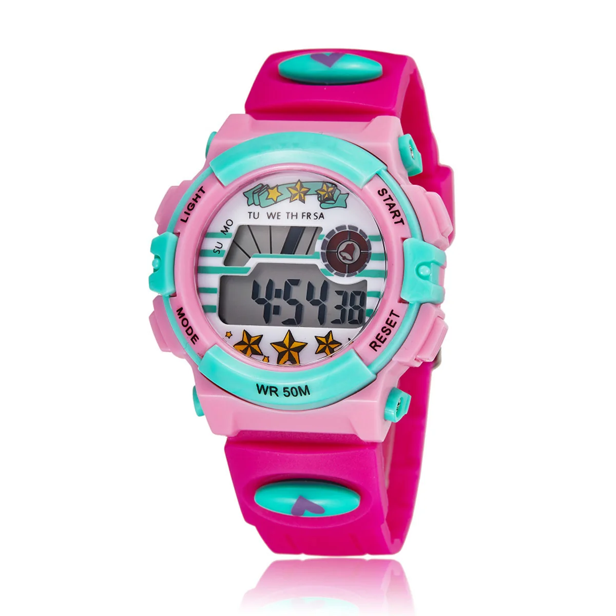 Multi-Function Waterproof Sports Digital Watch Rose Red ABS Stainless Steel Rubber Alarm Stopwatch Backlight 50m Water-Resistant