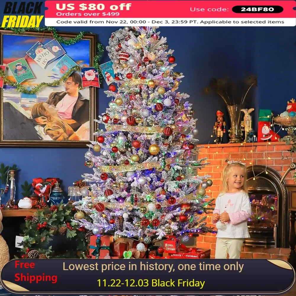 7.5 Ft Prelit Snow Flocked Christmas Tree, Artificial Twinkling Christmas Tree with 500 Color Changing LED Lights