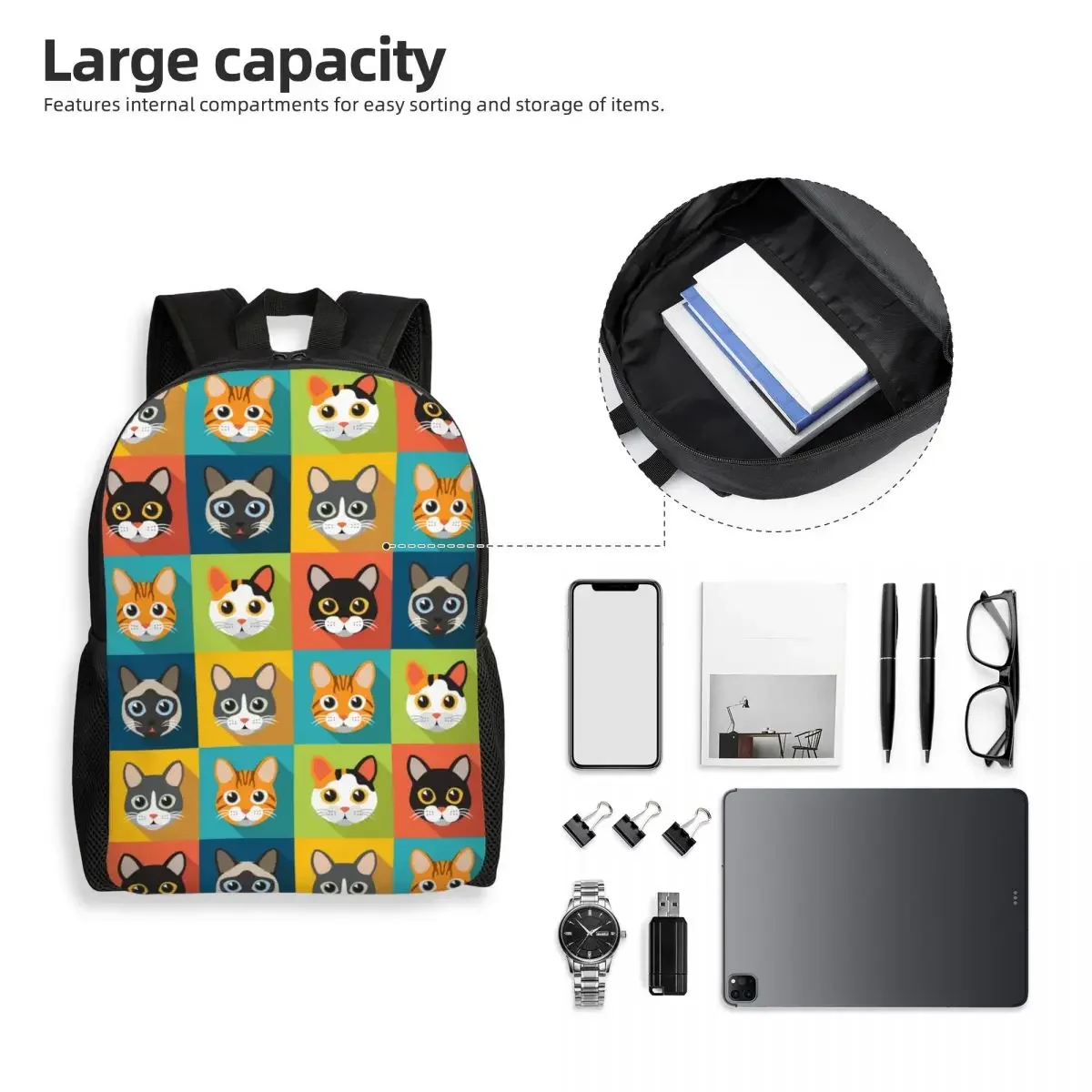 Custom Funny Cute Cats Heads  Pattern Laptop Backpack Women Men Fashion Bookbag for School College Students Bags