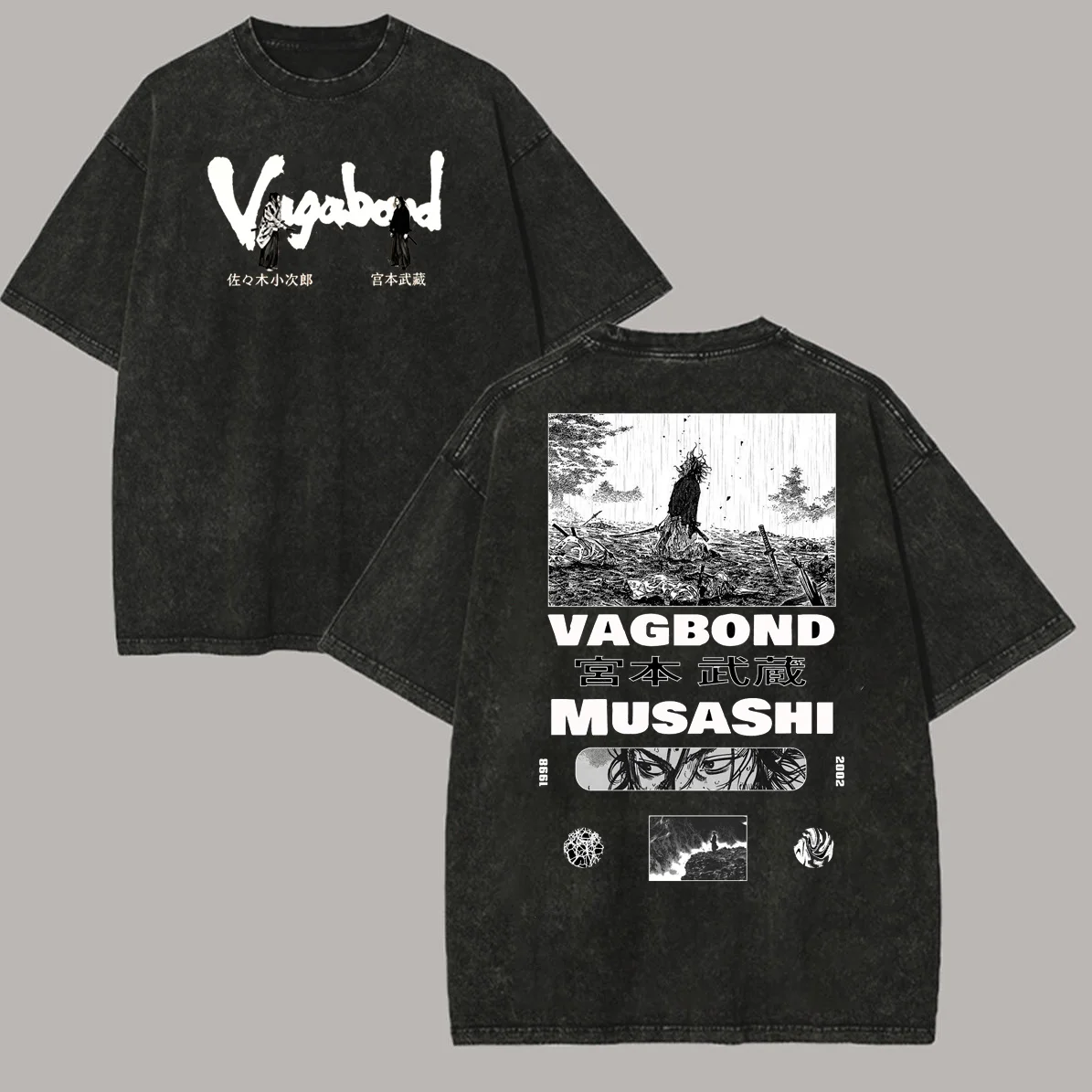 Harajuku Vagabond Anime T-shirt Miyamoto Musashi Vintage Washed T Shirt Men Clothing Summer Short Sleeve 100% Cotton Tees Tops