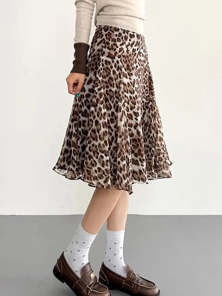 Vintage Streetwear Y2K Leopard Skirt Women American Loose High Waist Midi Skirts Spring Summer Retro Harajuku Mermaid Skirt New