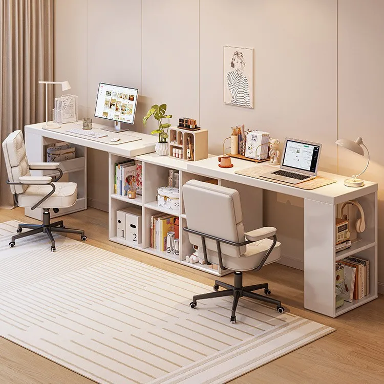 Double Desk Home Student Computer Desk Bedroom Girls Dresser Corner Desk Bookshelf Integrated Table