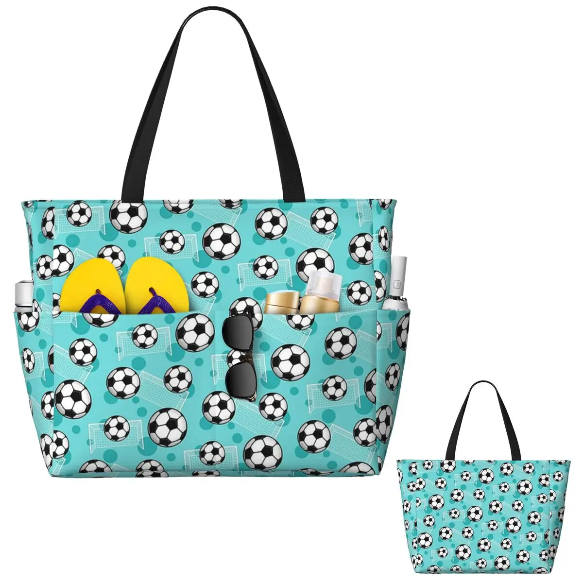 Soccer Ball And Goal Teal Pattern - Teal Soccer Beach Tote Bag Sport Gym Yoga Duffle Large Tote Bag Women Travel Bag Fitness bag