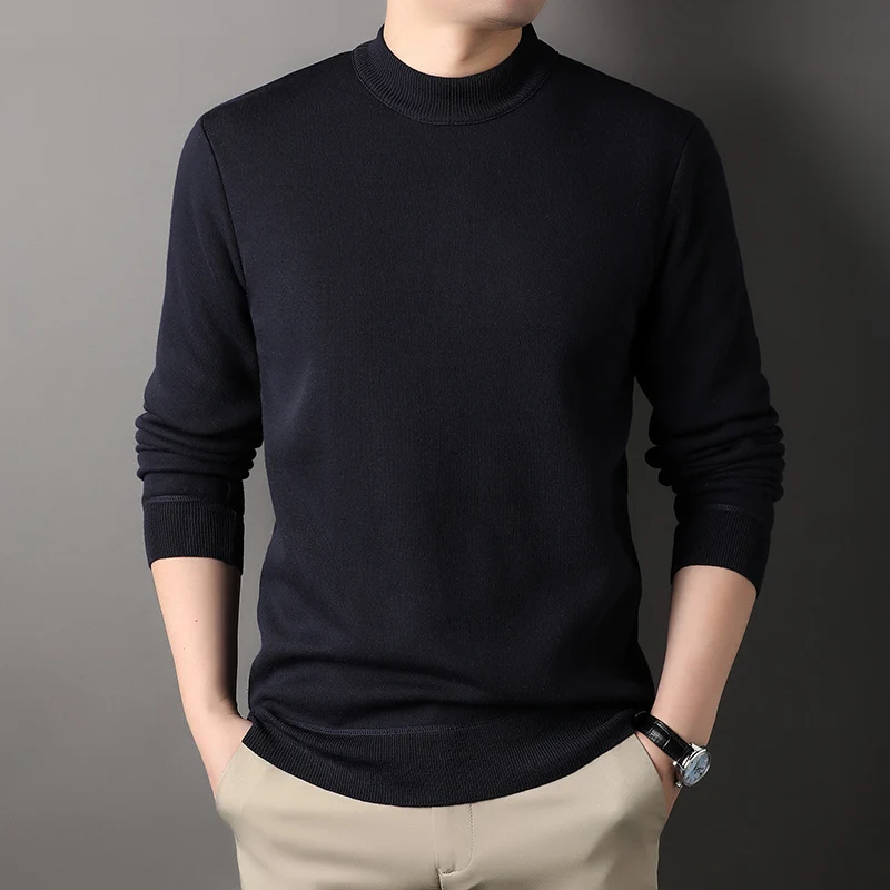 Mens Round Neck Sweater Fleeced Knitwear Solid Color Velvet Jumpers Slim Fit Elegant Luxury Brand Brown Knitted Sweaters