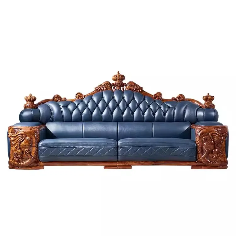 

European high-end ebony leather sofa, large apartment new Chinese style, living room solid wood sofa combination