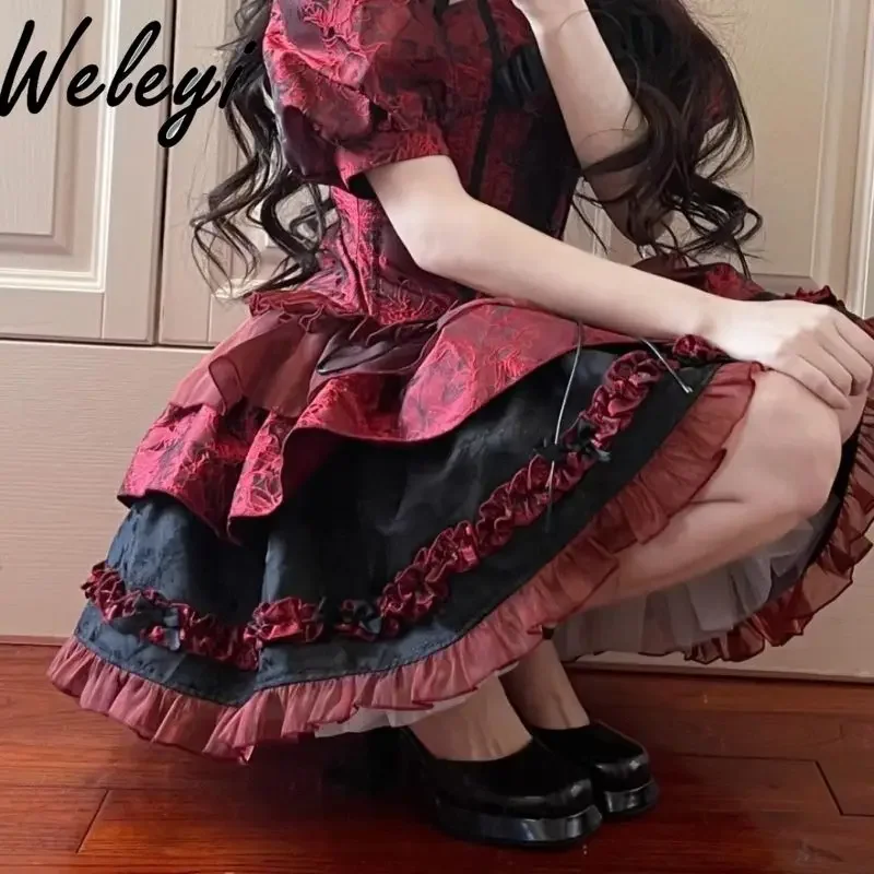 Conjunto de 3 piezas de Lolita de Halloween oscuro, Top de bañera con lazo de vendaje Jacquard rojo dulce y chaqueta corta ajustada de manga de burbuja, Falda corta para pastel