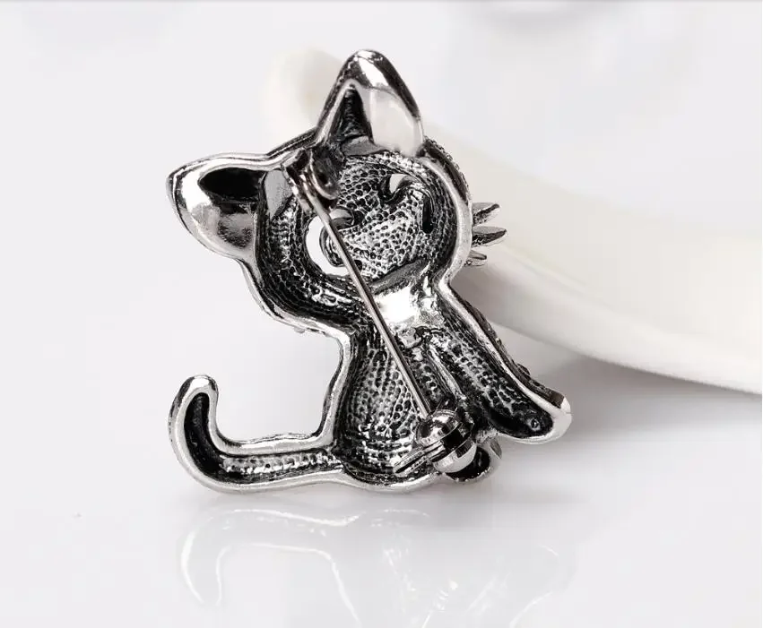 Little Cat Vintage Rhinestone Women Small Animal Party Casual Brooch Pins Gifts Clips Antique Silver Jewelry Accessories