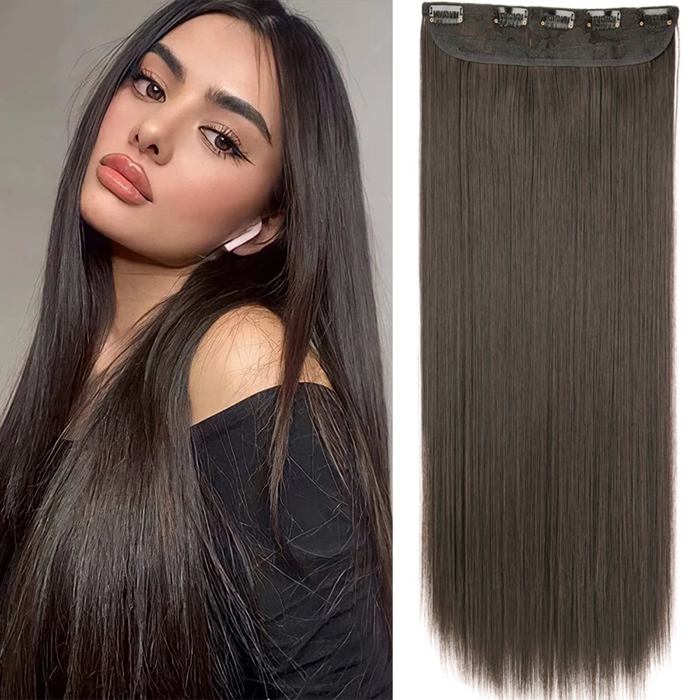 Synthetic 5 Clip In Hair Extensions Long Straight Hairstyle Hairpiece Black Brown Blonde 24Inch Natural Fake Hair For Women