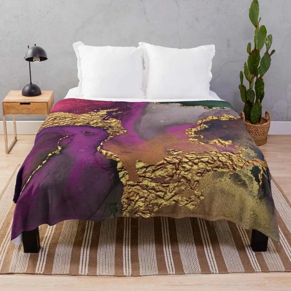 Shiny Dark Purple and Gold Ink Marble Throw Blanket Flannel Fabric Comforter Flannel Giant Sofa Blankets