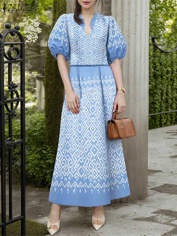 

ZANZEA Bohemian Ethnic Print 2 Pieces Sets Elegant Puff Sleeve Tops & High Waist A-Line Skirts 2pcs Suits Holiday Skirt Sets